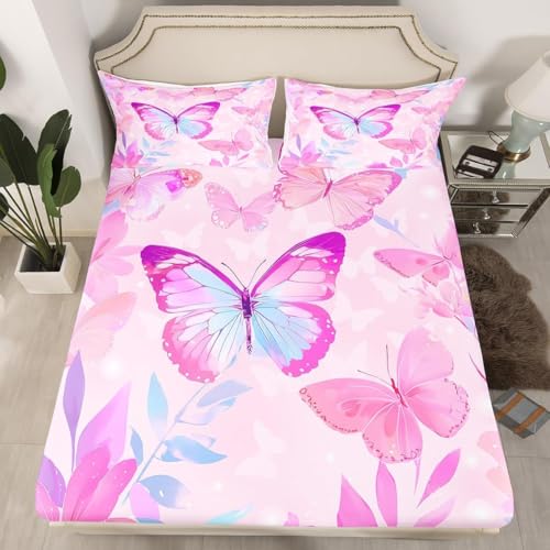 Spannbettlaken 160x200 cm Rosa Blumen Weiches Mikrofaser 3D Bettlaken Spannbetttuch für Kinder Erwachsene, Schmetterling Bettlaken 160x200 Tiefe Tasche 30 cm Mit 2 Kissenbezügen 80x80 cm S1623 von Latwerio