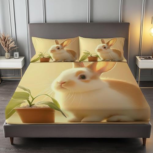 Spannbettlaken 160x200 cm Süßes Häschen Weiches Mikrofaser 3D Bettlaken Spannbetttuch für Kinder Erwachsene, Pflanzen Bettlaken 160x200 Tiefe Tasche 30 cm Mit 2 Kissenbezügen 80x80 cm S1742 von Latwerio