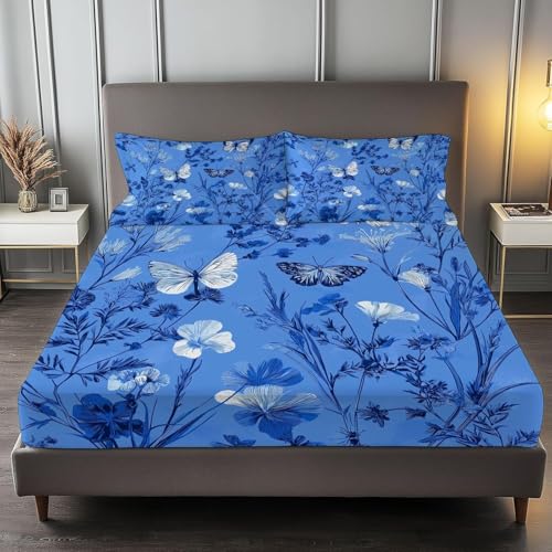Spannbettlaken 180x200 cm Blauer Schmetterling Weiches Mikrofaser 3D Bettlaken Spannbetttuch für Kinder Erwachsene, Blumen Bettlaken 180x200 Tiefe Tasche 30 cm Mit 2 Kissenbezügen 80x80 cm S1344 von Latwerio