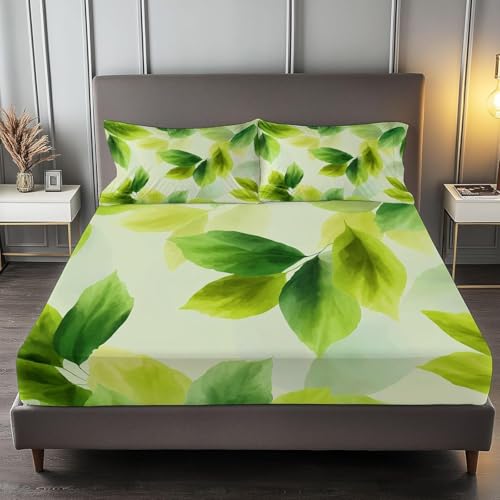Spannbettlaken 180x200 cm Grüne Blätter Weiches Mikrofaser 3D Bettlaken Spannbetttuch für Kinder Erwachsene, Pflanzen Bettlaken 180x200 Tiefe Tasche 30 cm Mit 2 Kissenbezügen 80x80 cm S1708 Spannbettlaken 180x200 cm Grüne Blätter Weiches Mikrofaser 3D Bettlaken Spannbetttuch für Kinder Erwachsene, Pflanzen Bettlaken 180x200 Tiefe Tasche 30 cm Mit 2 Kissenbezügen 80x80 cm S1708 von Latwerio