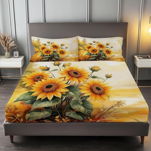 Spannbettlaken 180x200 cm Sonnenblume Weiches Mikrofaser 3D Bettlaken Spannbetttuch für Kinder Erwachsene, Blumen Bettlaken 180x200 Tiefe Tasche 30 cm Mit 2 Kissenbezügen 80x80 cm S1358 von Latwerio