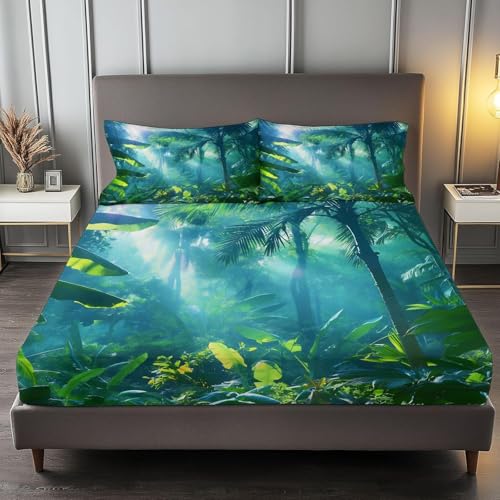 Spannbettlaken 180x200 cm Tropische Pflanzen Weiches Mikrofaser 3D Bettlaken Spannbetttuch für Kinder Erwachsene, Blätter Bettlaken 180x200 Tiefe Tasche 30 cm Mit 2 Kissenbezügen 80x80 cm S1554 von Latwerio