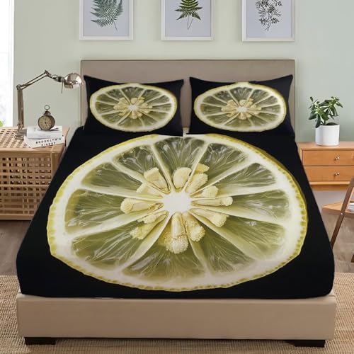 Spannbettlaken 180x200 cm Zitrone Weiches Mikrofaser 3D Bettlaken Spannbetttuch für Kinder Erwachsene, Obst Bettlaken 180x200 Tiefe Tasche 30 cm Mit 2 Kissenbezügen 80x80 cm S1407 von Latwerio