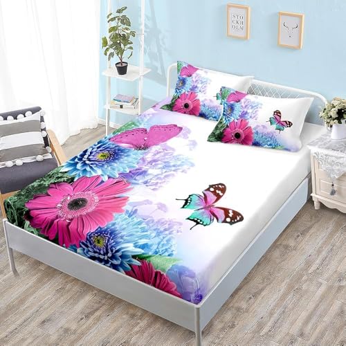 Spannbettlaken 90x190 cm Blumen Weiches Mikrofaser 3D Bettlaken Spannbetttuch für Kinder Erwachsene, Schmetterling Bettlaken 90x190 Tiefe Tasche 30 cm Mit 2 Kissenbezügen 80x80 cm S1486 von Latwerio