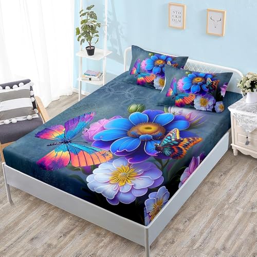 Spannbettlaken 90x190 cm Blumen Weiches Mikrofaser 3D Bettlaken Spannbetttuch für Kinder Erwachsene, Schmetterlinge Bettlaken 90x190 Tiefe Tasche 30 cm Mit 2 Kissenbezügen 80x80 cm S1633 von Latwerio