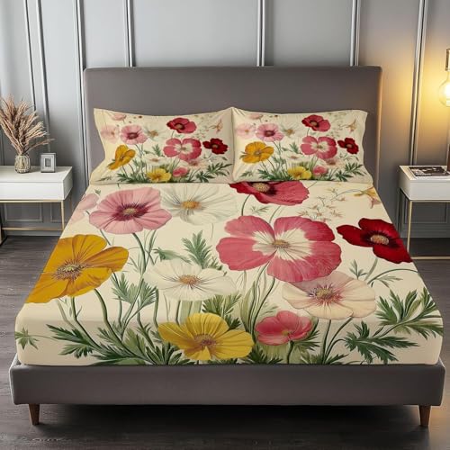 Spannbettlaken 90x190 cm Bunte Blumen Weiches Mikrofaser 3D Bettlaken Spannbetttuch für Kinder Erwachsene, Pflanzen Bettlaken 90x190 Tiefe Tasche 30 cm Mit 2 Kissenbezügen 80x80 cm S1444 von Latwerio
