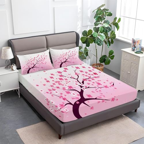 Spannbettlaken 90x190 cm Japan Weiches Mikrofaser 3D Bettlaken Spannbetttuch für Kinder Erwachsene, Rosa Blumen Bettlaken 90x190 Tiefe Tasche 30 cm Mit 2 Kissenbezügen 80x80 cm S1346 von Latwerio