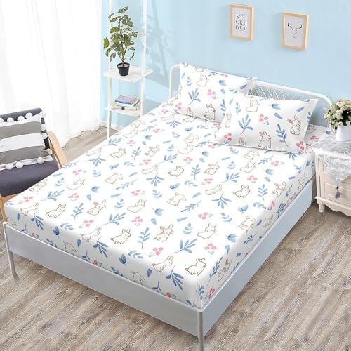 Spannbettlaken 90x190 cm Kaninchen Weiches Mikrofaser 3D Bettlaken Spannbetttuch für Kinder Erwachsene, Pflanze Bettlaken 90x190 Tiefe Tasche 30 cm Mit 2 Kissenbezügen 80x80 cm S1297 von Latwerio