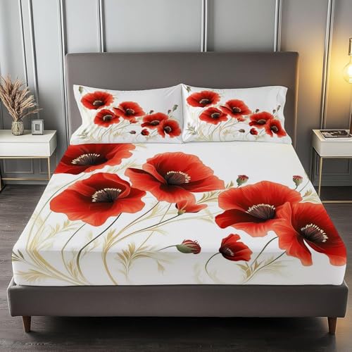 Spannbettlaken 90x190 cm Rote Blumen Weiches Mikrofaser 3D Bettlaken Spannbetttuch für Kinder Erwachsene, Pflanzen Bettlaken 90x190 Tiefe Tasche 30 cm Mit 2 Kissenbezügen 80x80 cm S1626 von Latwerio