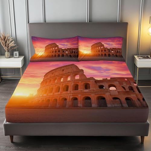 Spannbettlaken 90x200 cm Rom Weiches Mikrofaser 3D Bettlaken Spannbetttuch für Kinder Erwachsene, Italienische Architektur Bettlaken 90x200 Tiefe Tasche 30 cm Mit 2 Kissenbezügen 80x80 cm S1508 von Latwerio