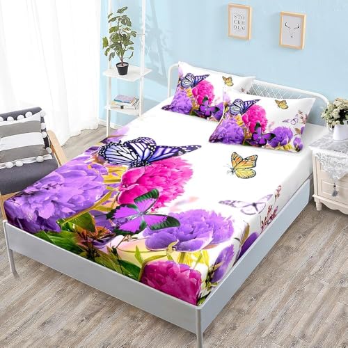Spannbettlaken 90x200 cm Schmetterling Weiches Mikrofaser 3D Bettlaken Spannbetttuch für Kinder Erwachsene, Blume Bettlaken 90x200 Tiefe Tasche 30 cm Mit 2 Kissenbezügen 80x80 cm S1557 von Latwerio