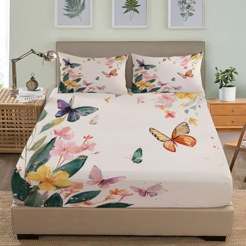Spannbettlaken 90x200 cm Schmetterling Weiches Mikrofaser 3D Bettlaken Spannbetttuch für Kinder Erwachsene, Blumen Bettlaken 90x200 Tiefe Tasche 30 cm Mit 2 Kissenbezügen 80x80 cm S1284 von Latwerio