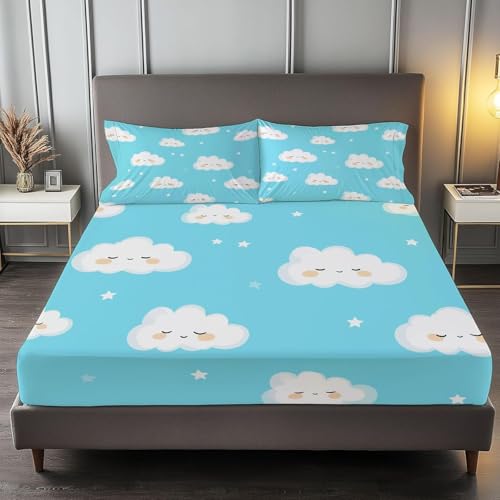 Spannbettlaken 90x200 cm Wolken Weiches Mikrofaser 3D Bettlaken Spannbetttuch für Kinder Erwachsene, Blau Bettlaken 90x200 Tiefe Tasche 30 cm Mit 2 Kissenbezügen 80x80 cm S1543 Spannbettlaken 90x200 cm Wolken Weiches Mikrofaser 3D Bettlaken Spannbetttuch für Kinder Erwachsene, Blau Bettlaken 90x200 Tiefe Tasche 30 cm Mit 2 Kissenbezügen 80x80 cm S1543 von Latwerio