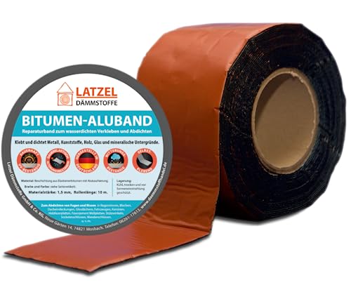 Bitumen - Band, Selbstklebendes Dichtband, Aluminiumbeschichtung, UV- und Witterungsbeständig. Reparaturband Dicke 1,5 mm Rolle 10 Meter Farbe Terracotta/Ziegelrot (Breite 75 mm) von Latzel Dämmstoffe