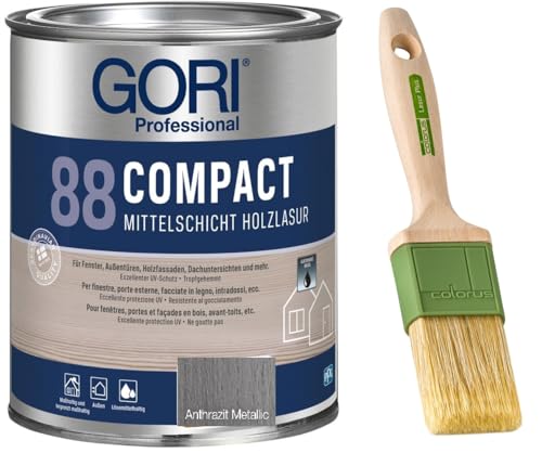 GORI 88 Premium Holzschutz Lasur 0,75 Liter, für außen + Profi Pinsel "Lasur Plus" 50 mm (Anthrazit Metallic) von Laubner