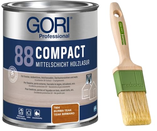 GORI 88 Premium Holzschutz Lasur 0,75 Liter, für außen + Profi Pinsel "Lasur Plus" 50 mm (Burma Teak) von Laubner