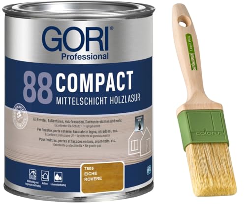 GORI 88 Premium Holzschutz Lasur 0,75 Liter, für außen + Profi Pinsel "Lasur Plus" 50 mm (Eiche) von Laubner