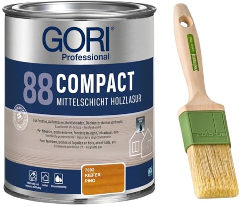 GORI 88 Premium Holzschutz Lasur 0,75 Liter, für außen + Profi Pinsel "Lasur Plus" 50 mm (Kiefer) von Laubner