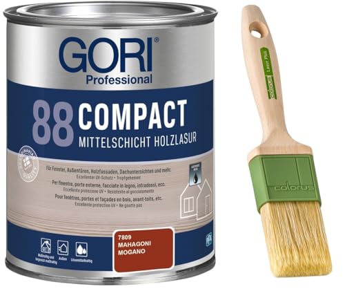 GORI 88 Premium Holzschutz Lasur 0,75 Liter, für außen + Profi Pinsel "Lasur Plus" 50 mm (Mahagoni) von Laubner