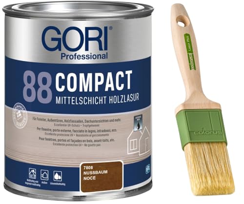 GORI 88 Premium Holzschutz Lasur 0,75 Liter, für außen + Profi Pinsel "Lasur Plus" 50 mm (Nussbaum) von Laubner