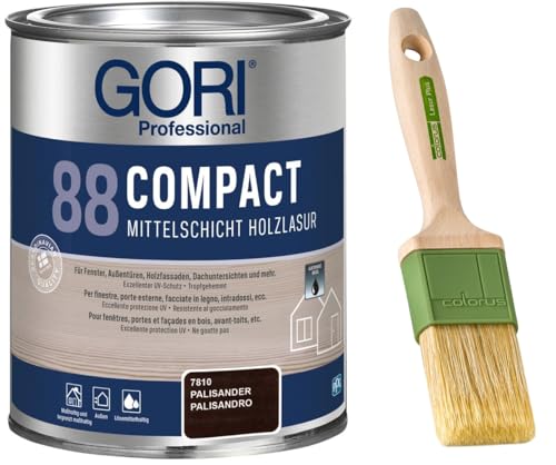 GORI 88 Premium Holzschutz Lasur 0,75 Liter, für außen + Profi Pinsel "Lasur Plus" 50 mm (Palisander) von Laubner