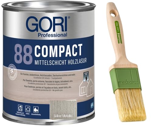 GORI 88 Premium Holzschutz Lasur 0,75 Liter, für außen + Profi Pinsel "Lasur Plus" 50 mm (Silber Metallic) von Laubner