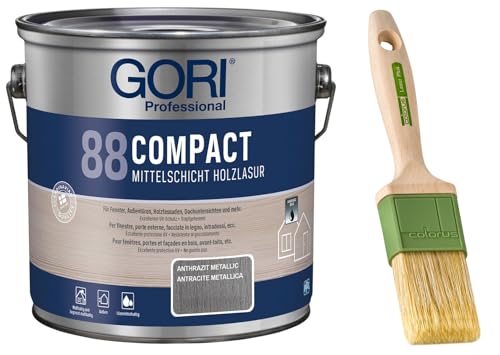 GORI 88 Premium Holzschutz Lasur 2,50 Liter, für außen + Profi Pinsel "Lasur Plus" 50 mm (Anthrazit Metallic) von Laubner