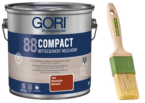 GORI 88 Premium Holzschutz Lasur 2,50 Liter, für außen + Profi Pinsel "Lasur Plus" 50 mm (Mahagoni) von Laubner