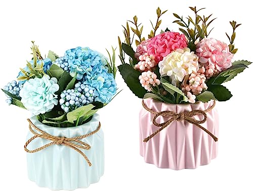 2er Künstliche Blumen In Einer Keramikvase, Hortensien Kunstblumen mit Keramikvase Künstliche Blumen für Hochzeit Familientreffen BüRotischdekoration und Schlafzimmerdekoration, Rosa+Blau von Laufunjoy