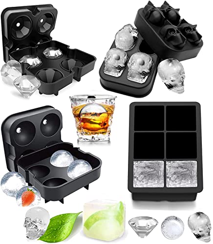 4 Stück Silikon Eiswürfelform Eiskugelform Groß Eiswürfel Kugel-Eis Bereiter, große Würfel & Totenkopf-Silikon-Eiswürfelformen Eisformen für Gekühlte Getränke, Whisky und Cocktails von Laufunjoy