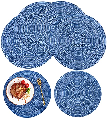 6er Set Runde Tischsets, Baumwolle Tischsets Abwaschbar Hitzebeständig Gewebte Tischsets rutschfest Platzdeckchen für Küche Speisetisch, Party Dekor (Blau, 4Stück 36cm+2Stück 30cm) von Laufunjoy
