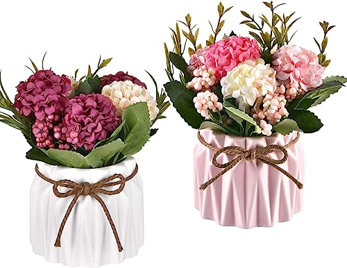 2er Künstliche Blumen In Einer Keramikvase, Hortensien Kunstblumen mit Keramikvase Künstliche Blumen für Hochzeit Familientreffen BüRotischdekoration und Schlafzimmerdekoration, Rosa+Weiß von Laufunjoy