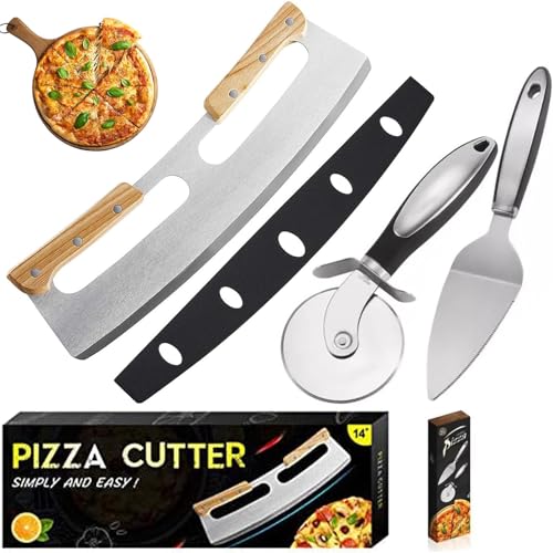 Pizza Schneider, Pizzaschneider Edelstahl Pizza Wiegemesser mit Holzgriff Pizzaroller aus Edelstahl Pizza Schneider Pizzamesser Profi Pizzamesser Geeignet für Pizza, Kuchen, Waffeln von Laufunjoy