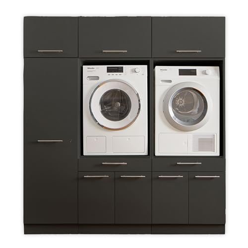 LAUNDREEZY 2x Waschmaschinenschrank, Mehrzweckschrank und 3x Schrankaufsatz, Anthrazit - Waschmaschinen-Überbauschrank TÜV-zertifiziert mit viel Stauraum - 185 x 200 x 67,5 cm (B/H/T) von Laundreezy