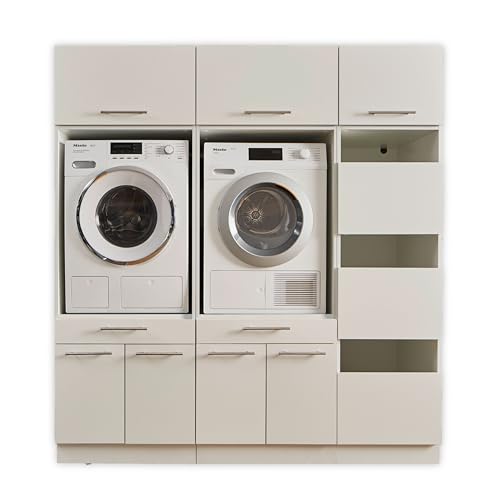 LAUNDREEZY 2x Waschmaschinenschrank, Wäscheschrank und 3x Schrankaufsatz, Weiß - Waschmaschinen-Überbauschrank TÜV-zertifiziert mit viel Stauraum - 185 x 200 x 67,5 cm (B/H/T) von Laundreezy