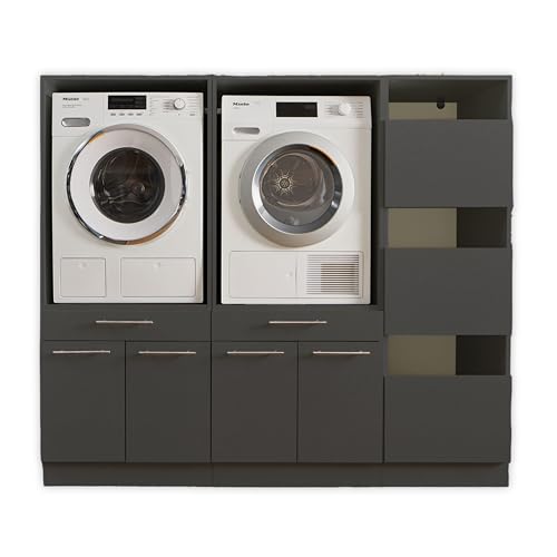 LAUNDREEZY 2x Waschmaschinenschrank mit Wäscheschrank, Anthrazit - Waschmaschinen-Überbauschrank TÜV-zertifiziert mit viel Stauraum - 185 x 162 x 67,5 cm (B/H/T) von Laundreezy