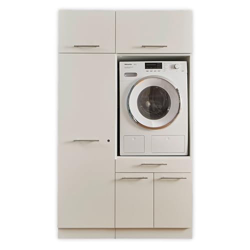 LAUNDREEZY Waschmaschinenschrank, Mehrzweckschrank und 2x Schrankaufsatz, Weiß - Waschmaschinen-Überbauschrank TÜV-zertifiziert mit viel Stauraum - 117,5 x 200 x 67,5 cm (B/H/T) von Laundreezy