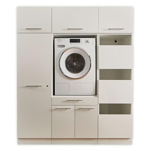 LAUNDREEZY Waschmaschinenschrank, Wäscheschrank, Mehrzweckschrank und 3x Schrankaufsatz, Weiß - Waschmaschinen-Überbauschrank TÜV-zertifiziert mit viel Stauraum - 167,5 x 200 x 67,5 cm (B/H/T) von Laundreezy