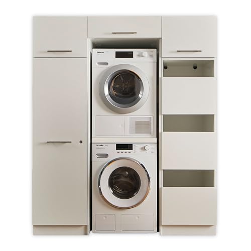 LAUNDREEZY Waschmaschinenschrank für Trockner und Waschmaschine, Wäscheschrank, Mehrzweckschrank und 2x Schrankaufsatz, Weiß - 167,5 x 200 x 67,5 cm (B/H/T) von Laundreezy