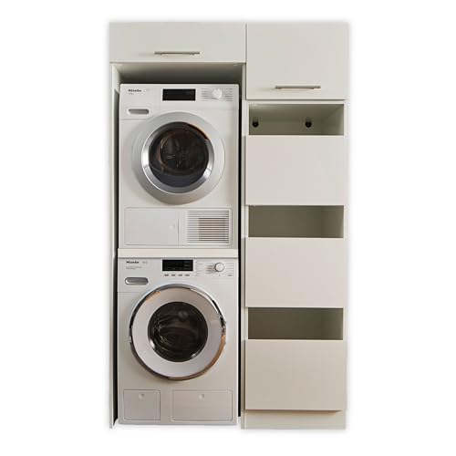 LAUNDREEZY Waschmaschinenschrank für Trockner und Waschmaschine, Wäscheschrank und Schrankaufsatz, Weiß - Praktischer Waschmaschinen-Überbauschrank - 117,5 x 200 x 67,5 cm (B/H/T) von Laundreezy