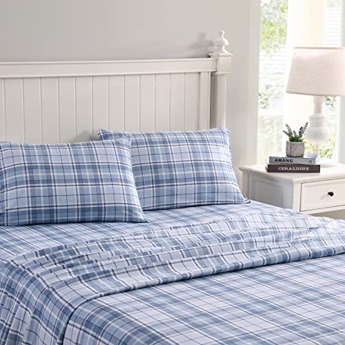 Laura Ashley Blätter Baumwoll-Flanell-Bettwäsche-Set, Mulholland Plaid Blau, Volle Größe von Laura Ashley