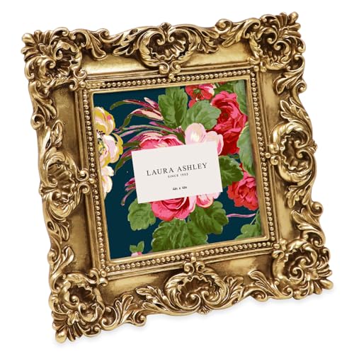 Laura Ashley 4x4 Gold Ornate Textured Hand-Crafted Resin Picture Frame with Easel & Hook for Tabletop & Wall Display, Decorative Floral Design Home Decor, Photo Gallery, Art, More (4x4, Gold) von Laura Ashley