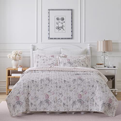 Laura Ashley | Breezy Floral Collection | Luxuriöser, besonders weicher Steppdeckenbezug, bequemes 2-teiliges Bettwäsche-Set, stilvolle Tagesdecke, für Doppelbett, Rosa und Grau von Laura Ashley