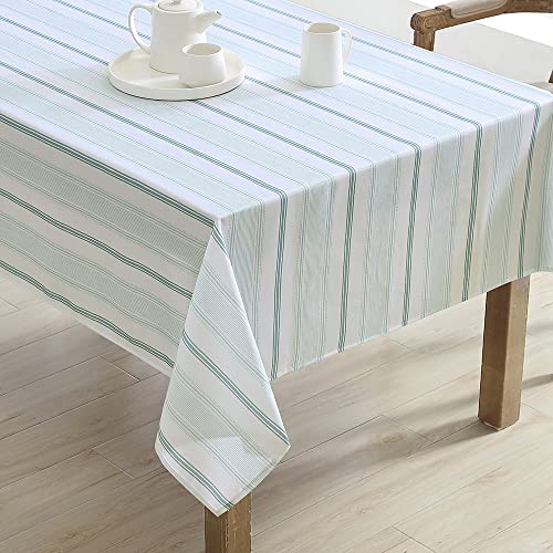 Laura Ashley Decorative Tablecloth, Easy Care Stain and Wrinkle Resistant Washable Polyester Fabric for Dining, Kitchen, Holiday, Party, Wedding and More, 60" x 102", Teal Stripe von Laura Ashley