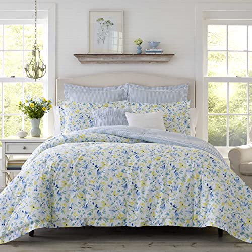 Laura Ashley Home Bettdecken-Set Wendebettwäsche aus Baumwolle, inklusive passenden Kissenbezügen mit Bonus Euro-Kissenbezügen und Kissen, Queensize-Bett, Nora-Blau/Gelb/Weiß von Laura Ashley