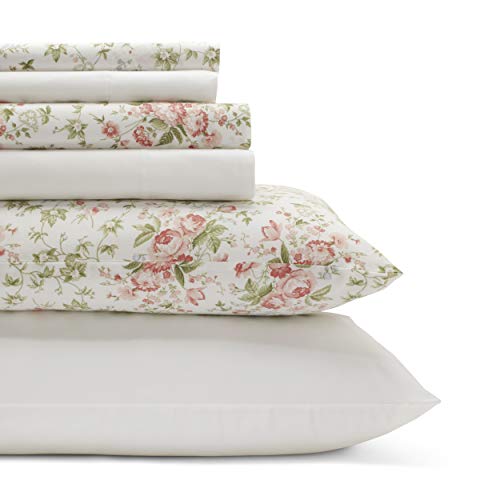 Laura Ashley - King-Size-Bettlaken, Baumwoll-Perkal, 6-teiliges Bettwäsche-Set, knackige und Coole Heimdekoration (Marissa Coral, Kingsize) von Laura Ashley