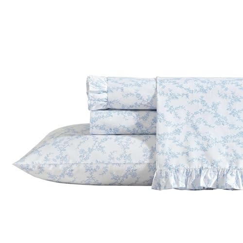 Laura Ashley Komplettes Bettlaken-Set, atmungsaktive Perkal-Baumwolle, Fadenzahl 200, Florale Heimdekoration (viktorianisches Blau, Full) von Laura Ashley