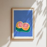 Grapefruits Bild, Kunstdruck, Ölpastell Wanddeko, Fine Art Print Mit Früchten, Poster Blau, Orange & Grün, 24x32 cm Grapefruits Bild, Kunstdruck, Ölpastell Wanddeko, Fine Art Print Mit Früchten, Poster Blau, Orange & Grün, 24x32 cm von LauraNederkorn