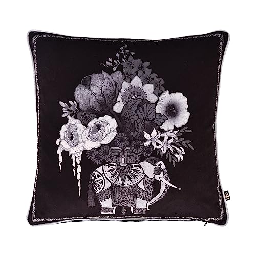 Laurence Llewelyn-Bowen - Schwarz-weißes Samtkissen – 43 x 43 cm – gefülltes Kissen mit indischem Elefantendruck – schwarzes Samt-Sofakissen von Laurence Llewelyn-Bowen