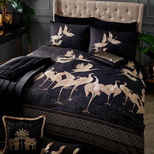 Laurence Llewelyn-Bowen Bettwäsche-Set für King-Size-Betten (220 x 230 cm), orientalischer Kranich-Vogel, Tierdruck, schwarzes Luxus-Bettwäsche-Design, Kireina-Kollektion, Schwarz/Gold von Laurence Llewelyn-Bowen